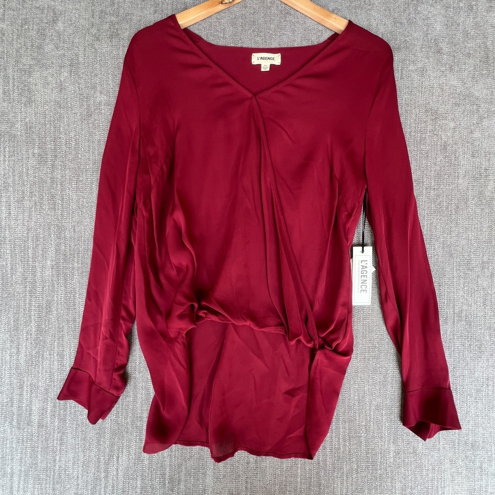 L'AGENCE Wrap Top Womens Medium Red Silk Long Sleeve Boho Chic Asymmetrical Hem